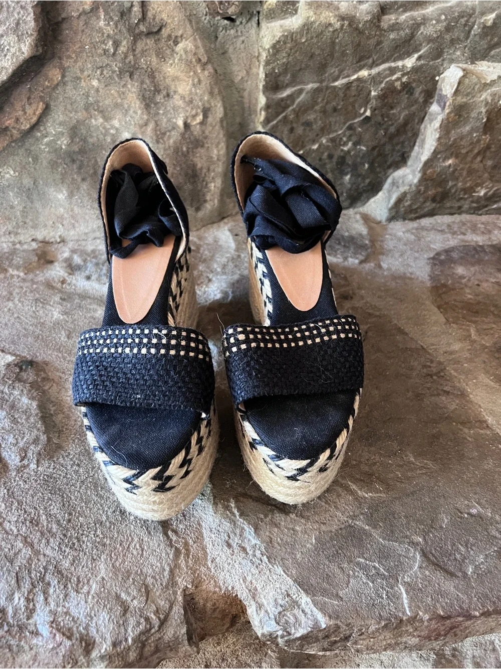 Castaner Black Woven Espadrille Platform Sandal with Ankle Tie